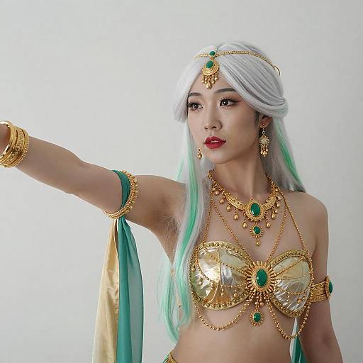 Asian Woman with White Hair and Gold Jewelry