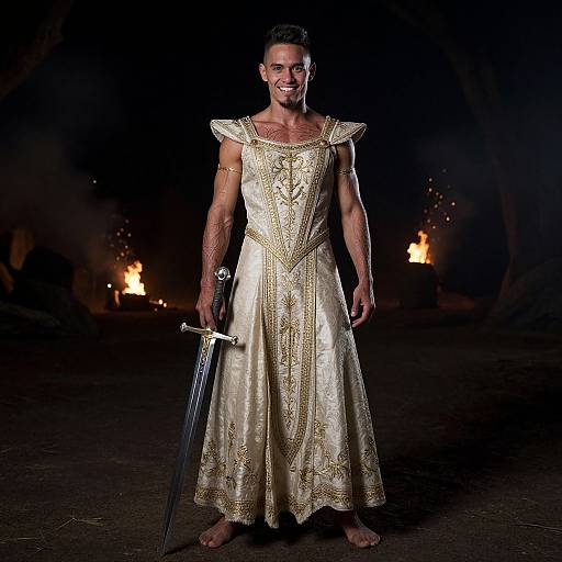 Photograph of a smiling, muscular man in a gold-embroidered, ancient-style dress, standing barefoot with a sword, in a dark