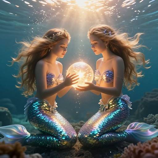 Photorealistic CGI of two mermaids with long blonde hair, shimmering scales, and glowing underwater light, holding a radiant orb, facing each other