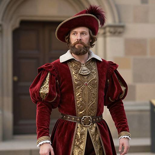 Photograph of a bearded man in Renaissance-style maroon velvet and gold brocade doublet, with a large feathered hat, standing in front