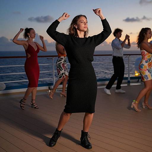 Photograph of a woman in a black, long-sleeve, knee-length dress, dancing on a deck at sunset with other people in colorful dresses