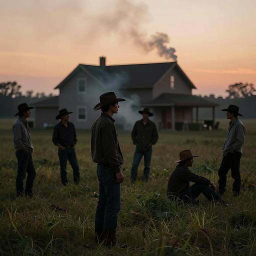 Silhouetted Group at Sunset in Field