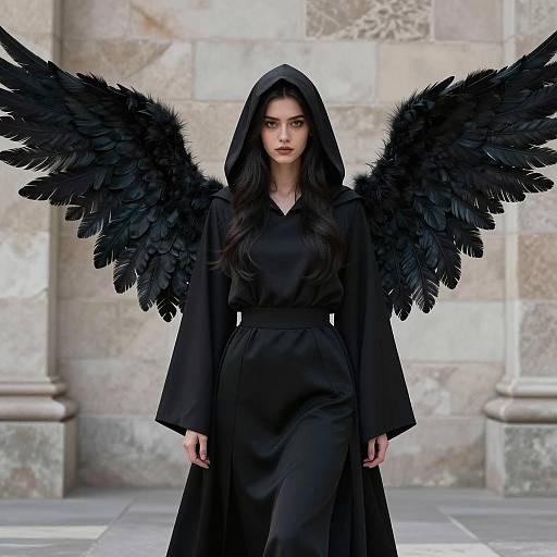 Young Woman in Black Angel Costume with Large Wings