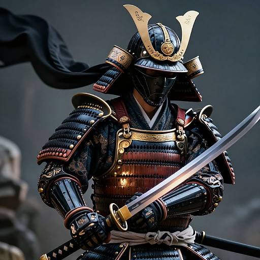 Photograph of a samurai warrior in detailed black and gold armor, holding a gleaming katana, with a flowing black scarf. Intense,