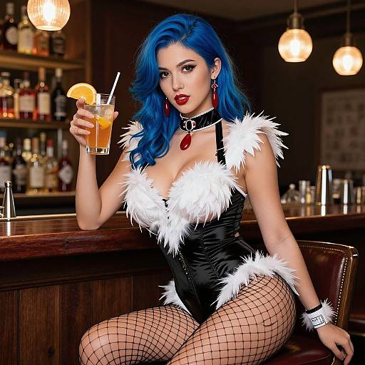 Photograph of a blue-haired woman in a black fur-trimmed corset, fishnet stockings, and red choker, sipping a cocktail