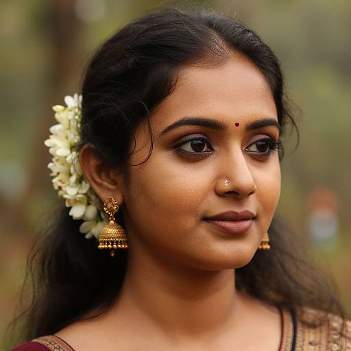 Photograph of an Indian woman with dark hair, adorned with a white flower, gold earrings, and a bindi, smiling softly outdoors.
