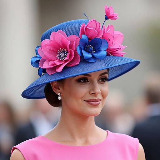 Photograph of a smiling woman in a vibrant pink dress and blue hat adorned with large pink and blue flowers, standing outdoors with a blurred background.