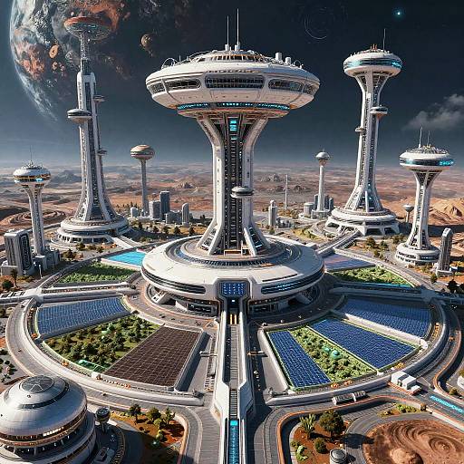 CGI image of a futuristic cityscape with towering, dome-topped skyscrapers, solar panels, green spaces, and a distant planet in a