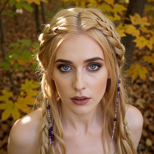 Photograph of a fair-skinned woman with blue eyes, blonde braided hair, and purple bead earrings, standing in an autumn forest.