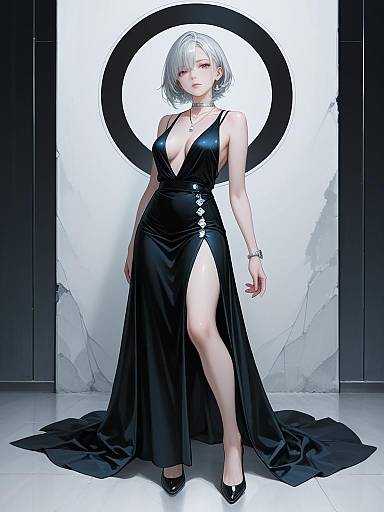 Digital anime-style drawing of a pale-skinned woman with short white hair, wearing a deep V-neck black satin gown with high slit, black high heels