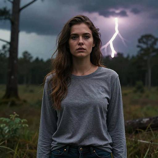 Photograph of a serious young woman with long brown hair, wearing a gray sweatshirt, standing in a dark, stormy forest with a lightning bolt