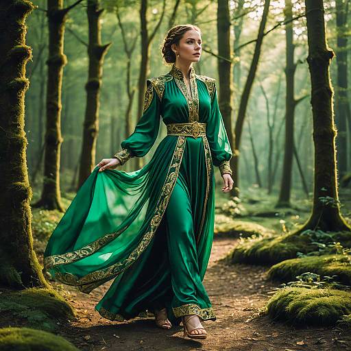 Elegant Woman in Emerald Green Medieval Robe in Forest