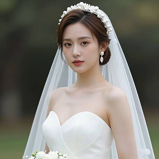 Photograph of an Asian bride with fair skin, wearing a white strapless wedding dress, floral headpiece, and veil, holding a bouquet, set