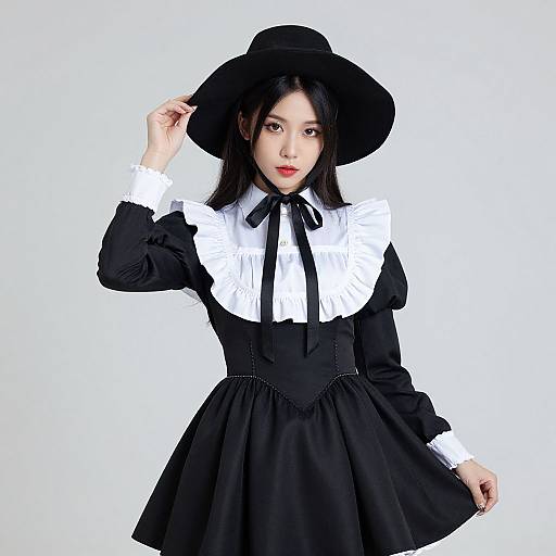 Photograph of an East Asian woman with fair skin, black hair, and red lipstick, wearing a black hat, white blouse, and black skirt,