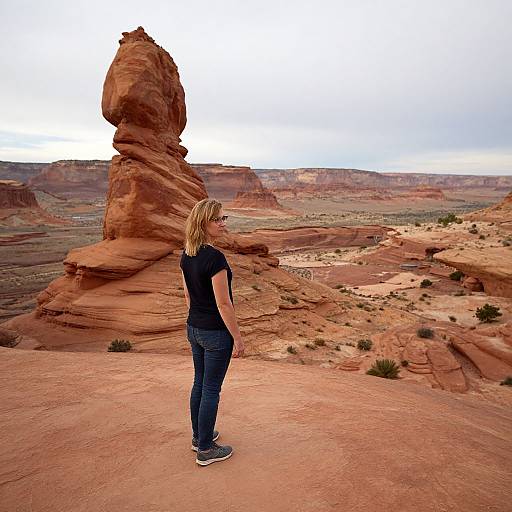 Photograph of a blonde woman in a black shirt and jeans standing on a red rock formation in a vast desert landscape.