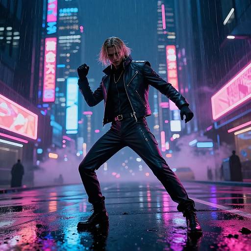 Cyberpunk cityscape: Blonde man in black leather jacket and pants, fists raised, standing confidently in rain, neon lights reflecting on wet street.