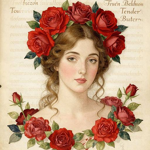Digital illustration of a fair-skinned woman with wavy brown hair, wearing a red rose crown and necklace, against a beige background.