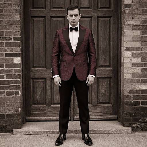 Photograph of a serious, fair-skinned man in a dark red tweed tuxedo, black bow tie, and black shoes, standing in