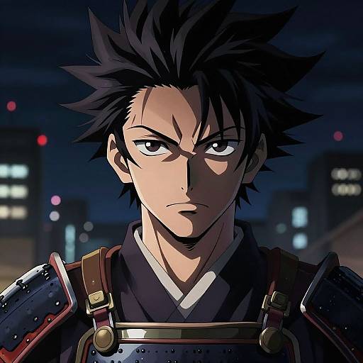 Digital anime-style portrait of a serious, spiky-haired male samurai with intense eyes, wearing dark armor against a nighttime cityscape.