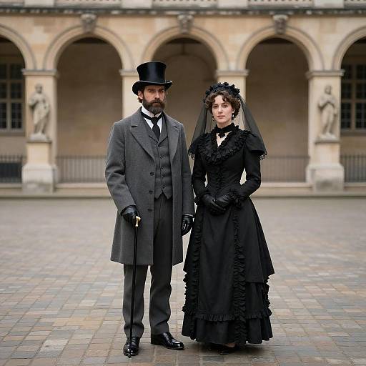 Victorian Couple on Cobblestone Courtyard