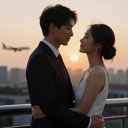 Couple Embracing at Sunset with Airplane in Background