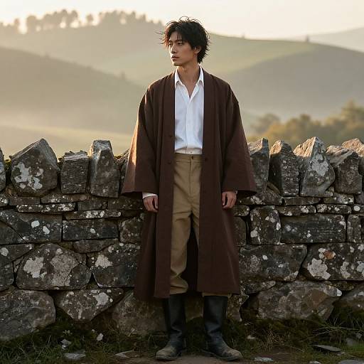 Thoughtful Man by Ancient Stone Wall