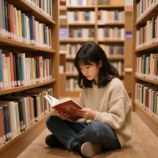 Photograph of an Asian woman with black hair in a beige sweater and blue jeans, sitting cross-legged on a library floor, reading a book amidst tall