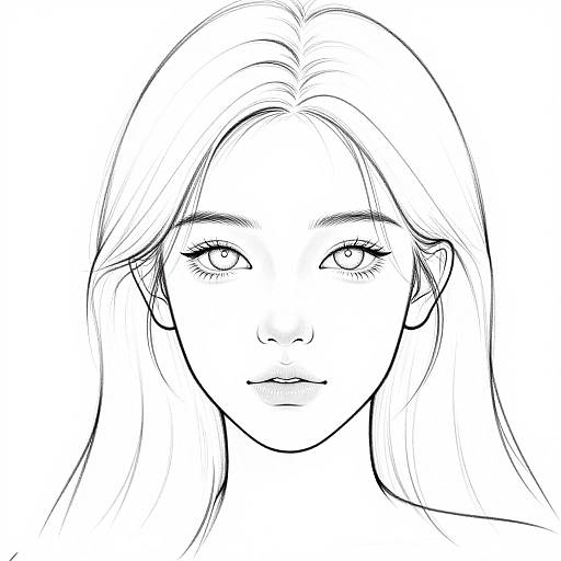 Black-and-white digital line drawing of a young woman with long, straight hair, almond-shaped eyes, and a slight smile. Simple background.