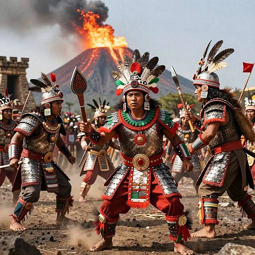 Photograph of indigenous warriors in colorful, silver armor with feathered helmets, wielding spears, during a battle near a erupting volcano.