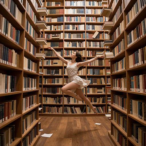 Photograph of a woman with dark hair in a white dress, leaping joyfully between two tall, wooden bookshelves filled with colorful books in