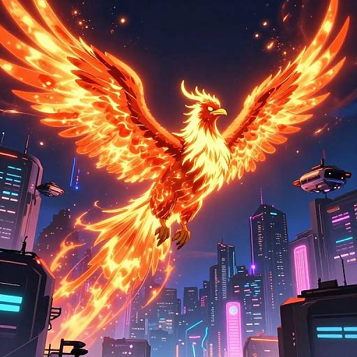 Digital artwork of a fiery phoenix soaring above a neon-lit, futuristic cityscape with skyscrapers and glowing signs, creating an intense, dynamic contrast