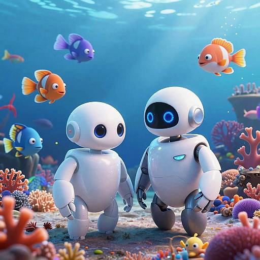 Photorealistic CGI of two cute, white, round robot friends with blue eyes, holding hands underwater, surrounded by colorful fish and vibrant coral.