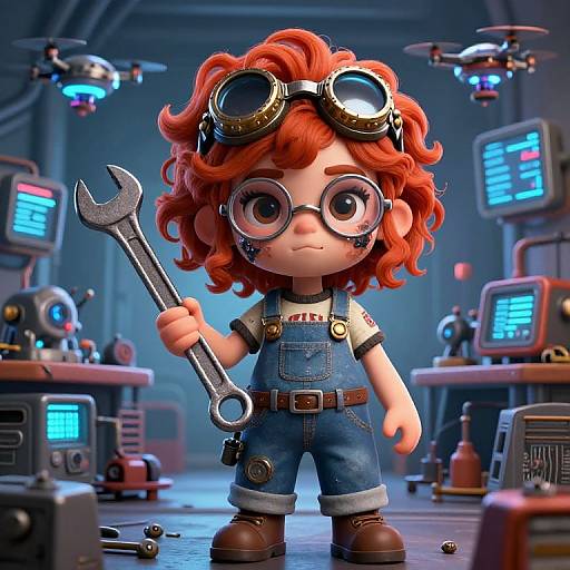 CGI image of a cute, red-haired girl in goggles and denim overalls, holding a wrench in a futuristic, tech-filled workshop.