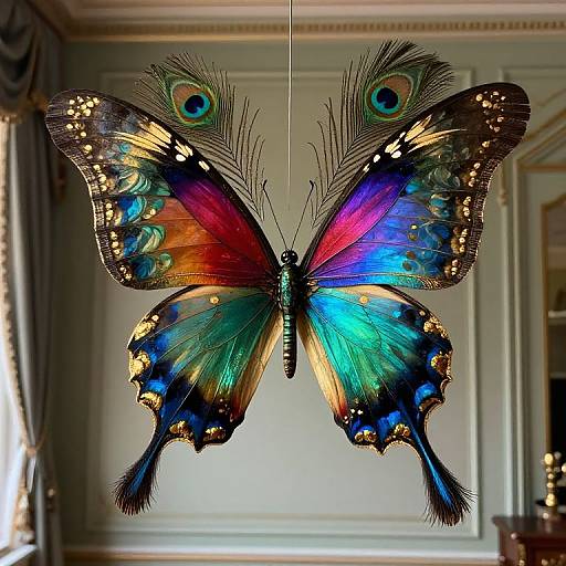 Photograph of a vibrant, peacock-feather-patterned butterfly sculpture with iridescent colors, hanging in a well-lit, elegant room with