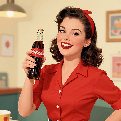 Vintage-style illustration of a smiling woman with red lipstick, dark wavy hair, and red headband, holding a Coca-Cola bottle in a retro kitchen