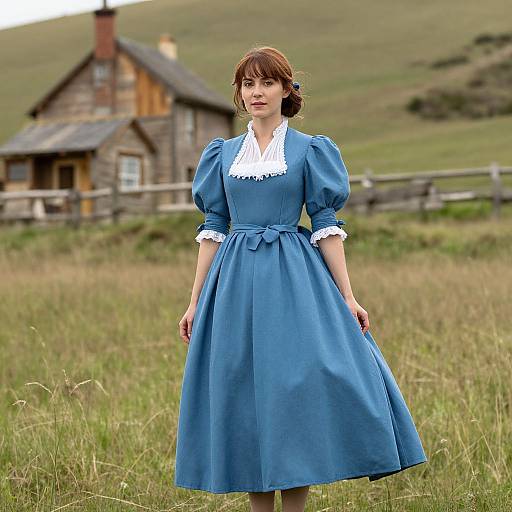 Photograph of a fair-skinned woman with brown hair in a blue Victorian-style dress with white lace collar, standing in a grassy field with a