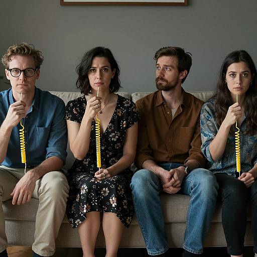 Four People Sitting on Couch Holding Yellow Spiral Cords