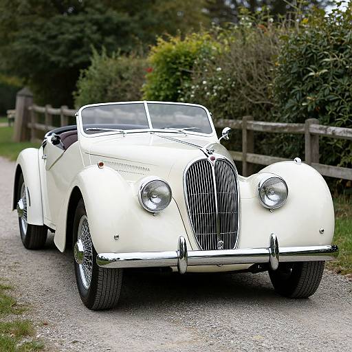 Photograph of a vintage white convertible classic car with a prominent grille, parked on a gravel path surrounded by lush greenery.