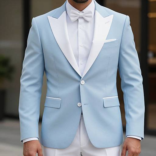 Photograph of a man in a light blue, single-breasted suit with white lapels, white dress shirt, and white bow tie. Blurred