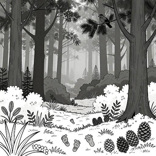 Monochrome digital drawing of a dense forest with tall trees, bushy undergrowth, ferns, pinecones, and mushrooms, creating a serene