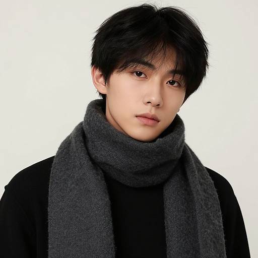 Photorealistic digital portrait of an Asian man with black hair, fair skin, wearing a black turtleneck and dark gray scarf, against a white