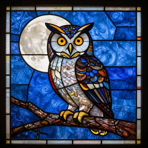 Stained glass artwork of a vibrant, multicolored owl with yellow eyes perched on a branch against a bright full moon and swirling blue background.