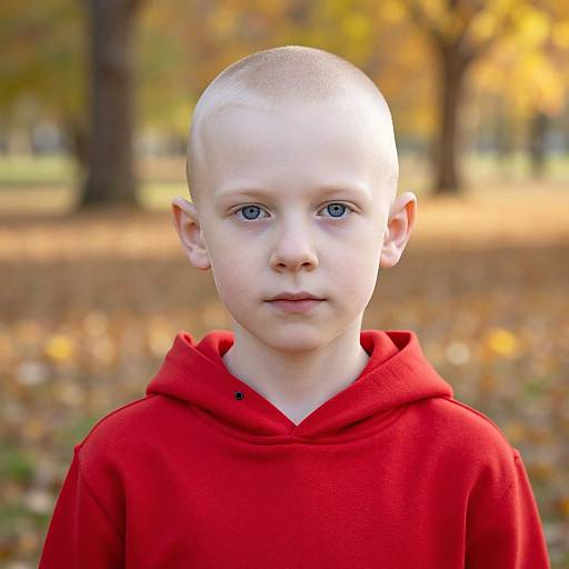 Photograph of a young boy with a shaved head, fair skin, blue eyes, wearing a bright red hoodie, standing in a park with autumn leaves