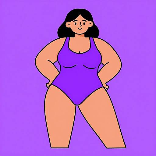 Cartoon-style drawing of a plus-sized woman with black hair, wearing a purple one-piece swimsuit, standing with hands on hips against a solid purple