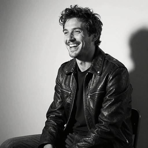 Black-and-white photograph of smiling man with messy hair, wearing a leather jacket, seated against a bright white background. Shadows cast to the right.