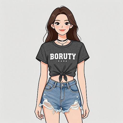 Digital illustration of a young woman with long brown hair, wearing a black 