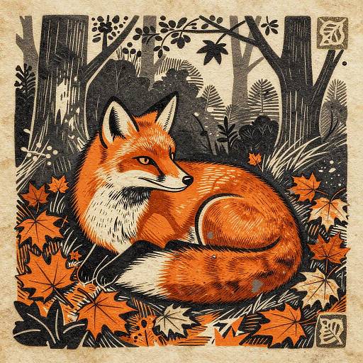 Woodcut Fox in Autumn Forest