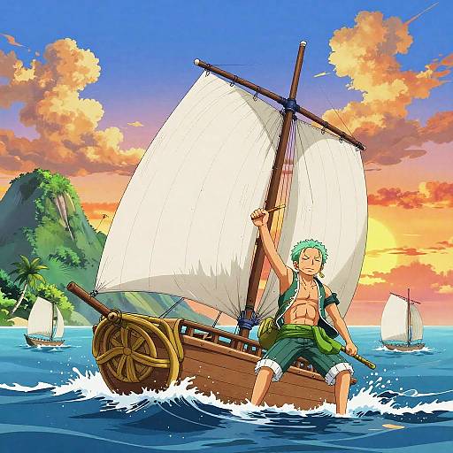 Digital anime-style illustration of a green-haired, shirtless boy with a tan, sailing a wooden boat with white sails at sunset, surrounded by other boats