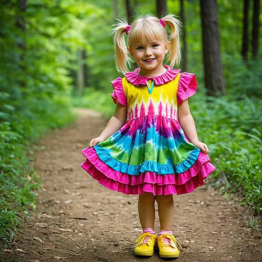 Toddler Girl in Colorful Dress Standing on Forest Path