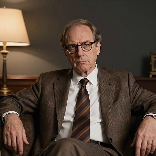 Middle-aged Man in Brown Plaid Suit Sitting on Couch
